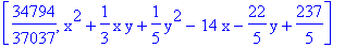 [34794/37037, x^2+1/3*x*y+1/5*y^2-14*x-22/5*y+237/5]